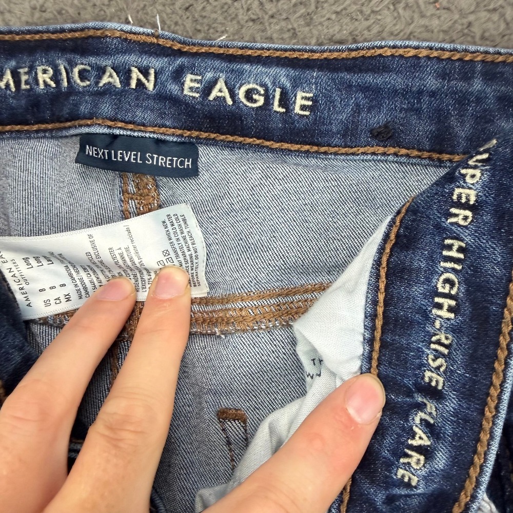 American Eagle Super High Rise Flare Jeans Womens 8 Long Next Level Stretch Blue - Picture 2 of 8